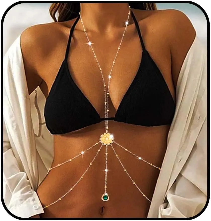 Gold Crystal Body Chains for Women Layered Rhinestone Bikini Bra Chains Beach Belly Waist Chain Summer Beaded Body Jewelry