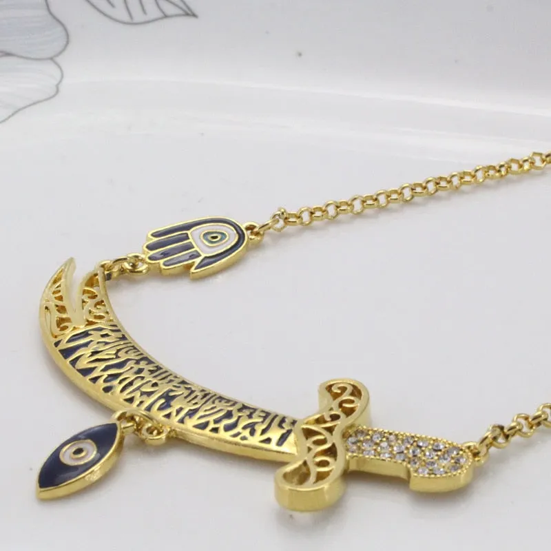 Gold Hamsa Hand and Islamic Sword Pendant Necklace