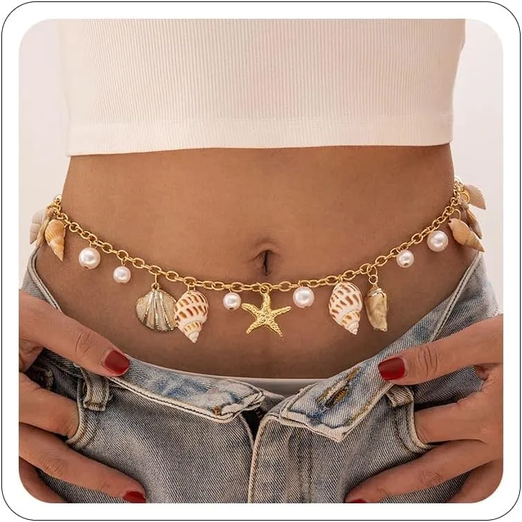 Gold Pearl Waist Chains Seashell Starfish Chains for Women Bobh Sea Shell Beach Body Chain Mermaid Waist Chain Summer Beach Vacation Body Jewelry Accessorie