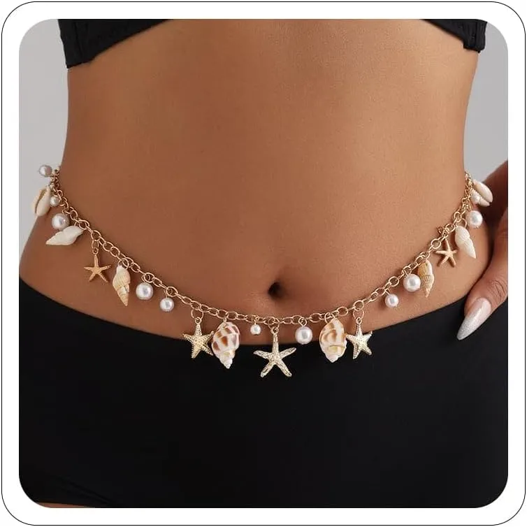 Gold Pearl Waist Chains Seashell Starfish Chains for Women Bobh Sea Shell Beach Body Chain Mermaid Waist Chain Summer Beach Vacation Body Jewelry Accessorie