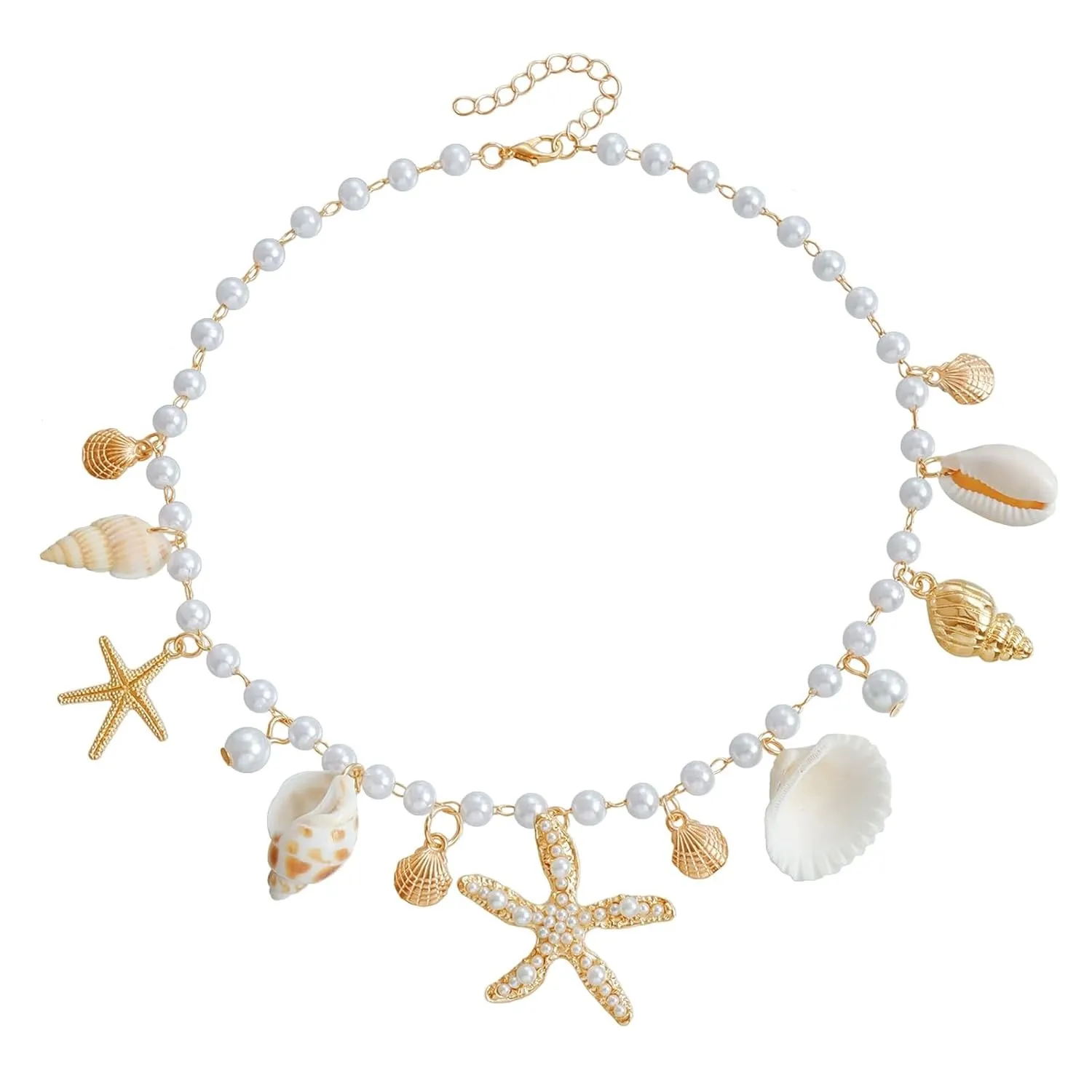 Gold Plated Body Chains Dainty Boho Shell Conch Starfish Pearl Pendant Charm Beach Waist Chain Adjustable Bikini Belly Chain Jewelry Accessories for Women Sexy Summer Beach Vacation D