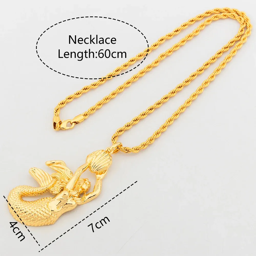 Gold Plated Copper Mermaid Pendant with Chain 80/60/40CM Jewelry Accessories