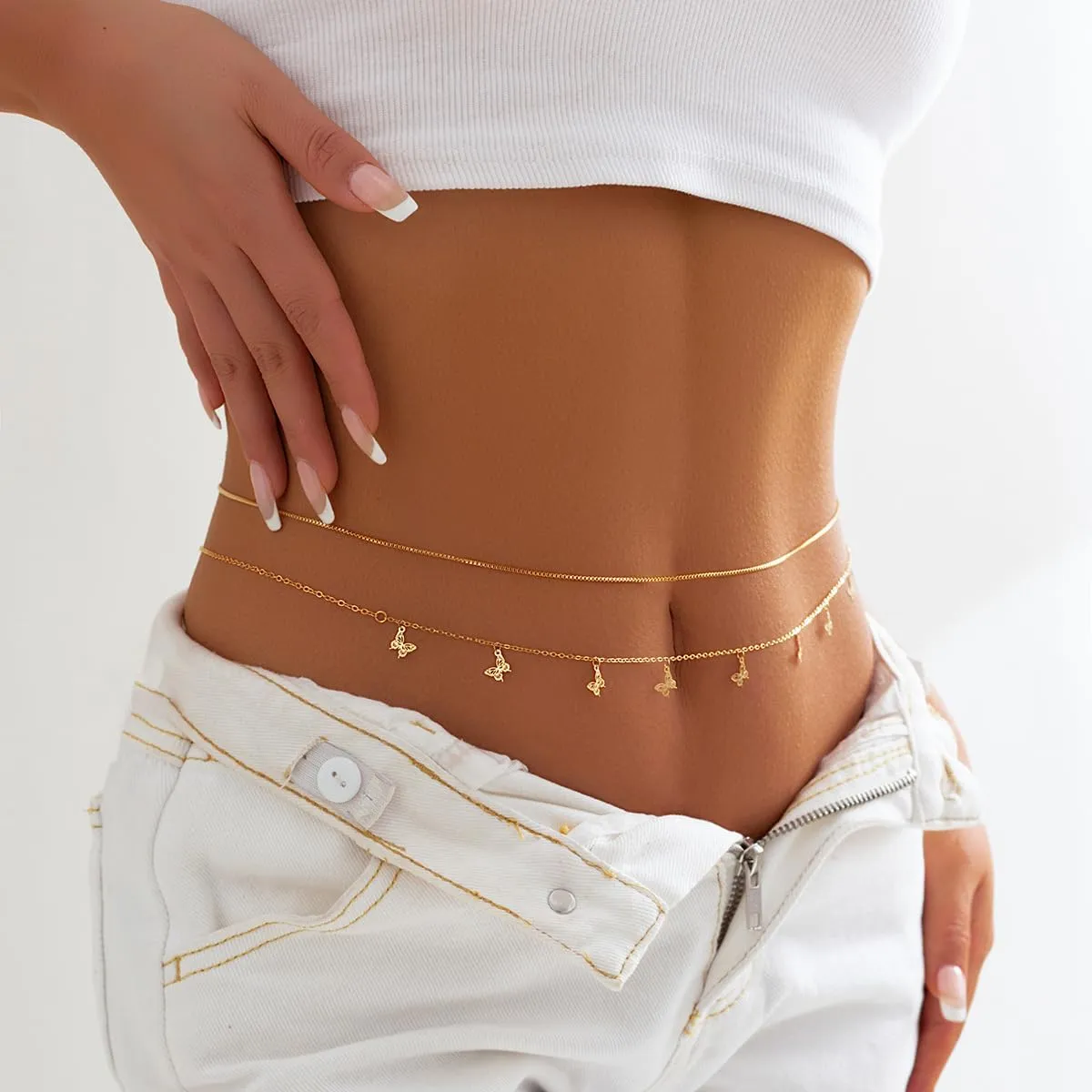 Gold Plated Waist Chain Boho Layered Belly Body Chain Butterfly Star Pearl Cross Adjustable Multilayer Sexy Bikini Waist Chain for Women
