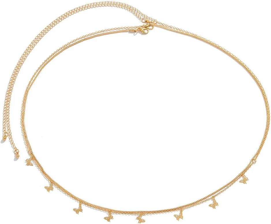 Gold Plated Waist Chain Boho Layered Belly Body Chain Butterfly Star Pearl Cross Adjustable Multilayer Sexy Bikini Waist Chain for Women