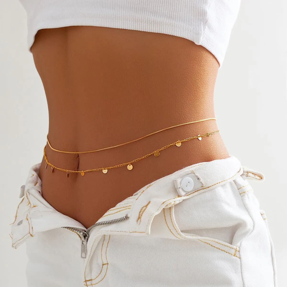 Gold Plated Waist Chain Boho Layered Belly Body Chain Butterfly Star Pearl Cross Adjustable Multilayer Sexy Bikini Waist Chain for Women