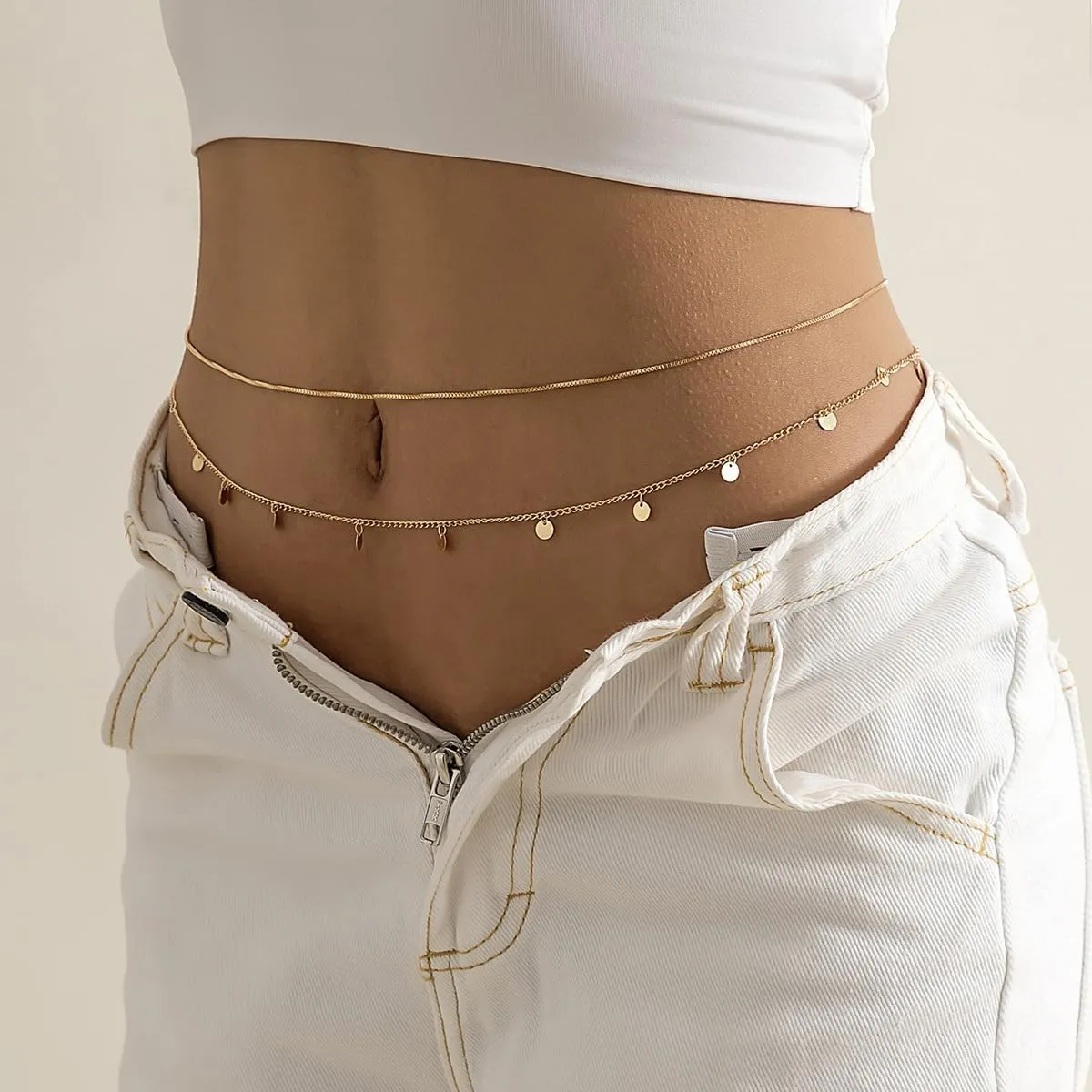 Gold Plated Waist Chain Boho Layered Belly Body Chain Butterfly Star Pearl Cross Adjustable Multilayer Sexy Bikini Waist Chain for Women