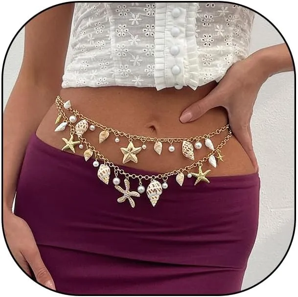 Gold Seashell Starfish Waist Chain Summer Beach Belt Chain Pearl Shell Body Chain Starfish Belly Chain Beach Bikini Jewelry Trendy Belly Chains for Women