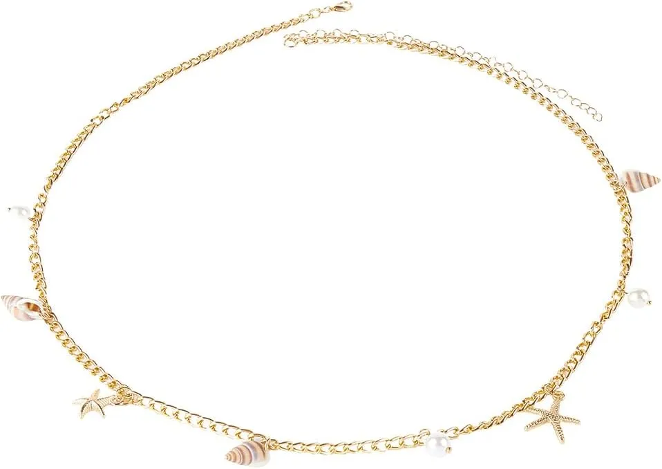 Gold Seashell Waist Chain Beach Summer Pearls Beaded Shell Belt Belly Chains Metal Sexy Bikini Boho Pearl Starfish Body Jewelry Accessories for Women Party Birthday Night Out Anniversaries