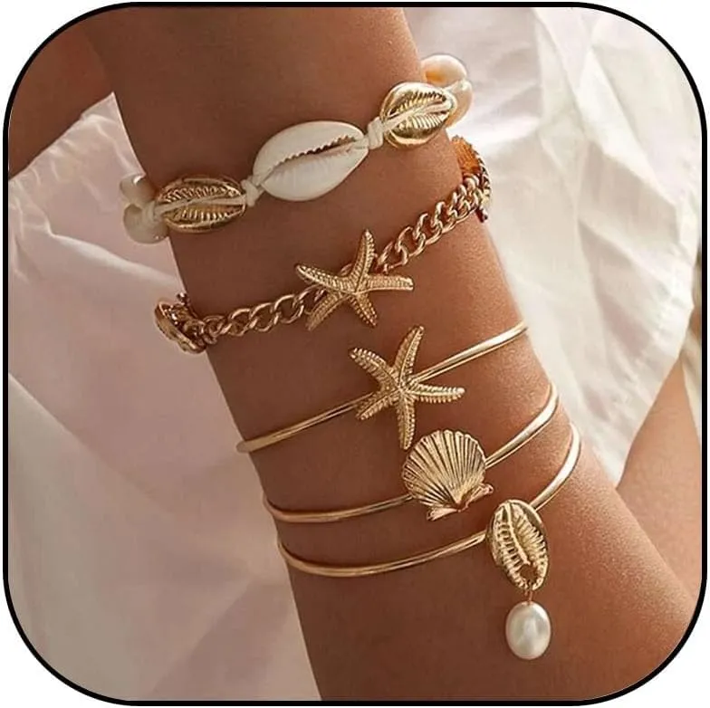 Gold Shell Bracelet for Women Boho Starfish Seashell Pearl Stack Bracelets Layered Shell Starfish Bangle Bracelet Summer Beach Jewelry Gifts for Women