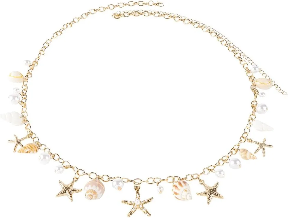 Gold Waist Chain Beach Summer Beaded Shell Belt Belly Chains Seashell Metal Sexy Bikini Boho Pearl Beads Starfish Shells Body Jewelry Accessories for Women Party Birthday Club Anniversaries