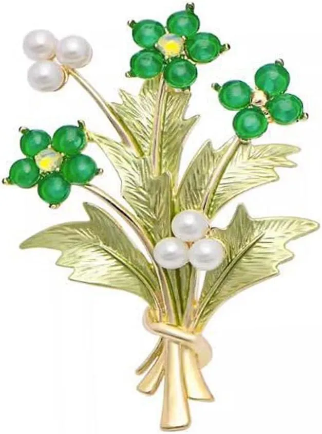 Green Flower Pearl Brooch Crystal Glass Bouquet Brooch,Lapel Pin Sweater Shawl Clips Collar Brooch Decoration Wedding Party Jewelry Gift for Girls Women
