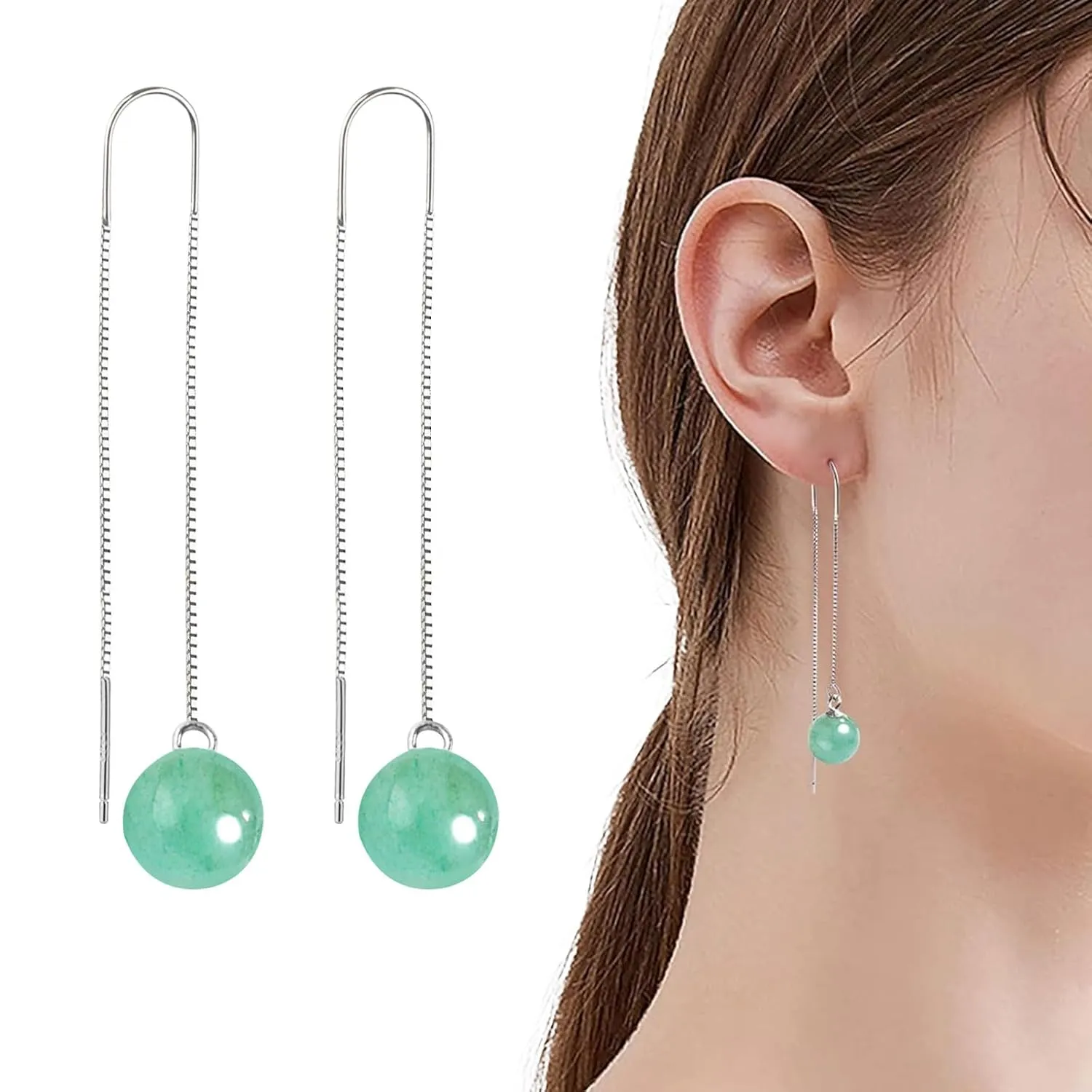 Green Jade Earrings for Women Girls Green Jade Earrings U Drop Dangle Threader Earrings Good Luck Gift for Back to School August and Birthday Gift