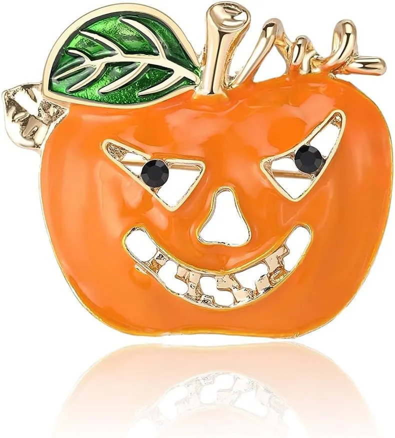 Halloween Pumpkin Brooches Women Yellow Metal Crystal Enamel Pin Plant Brooch