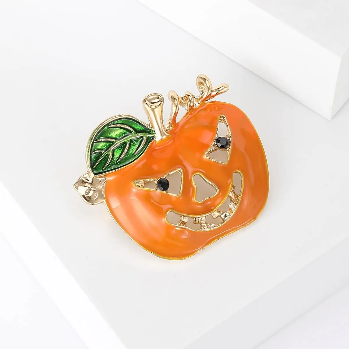 Halloween Pumpkin Brooches Women Yellow Metal Crystal Enamel Pin Plant Brooch