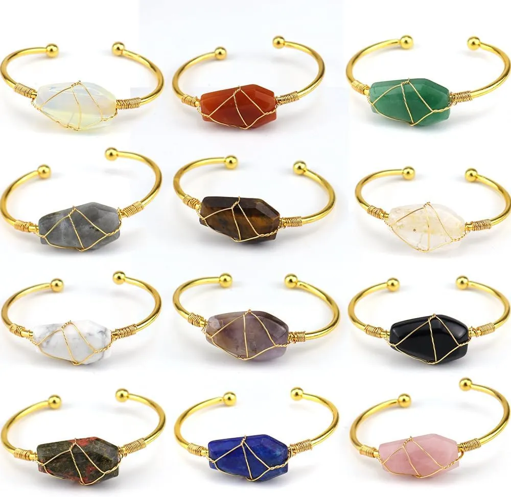 Handmade Beaded Bracelet, Suitable for Men and Women, Handmade Gold Copper Wire Wrapped Natural Crystal Hexahedral Bracelet, Original Stone Crystal Bracelet (Transparent White)