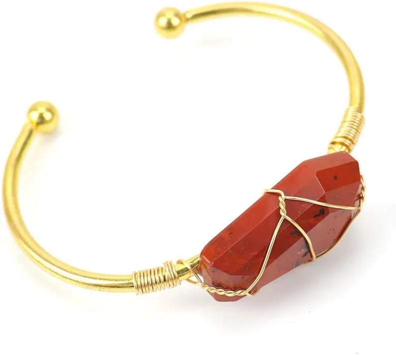 Handmade Beaded Bracelet, Suitable for Men and Women, Handmade Gold Copper Wire Wrapped Natural Crystal Hexahedron Bracelet, Original Stone Crystal Bracelet (Deep Red)
