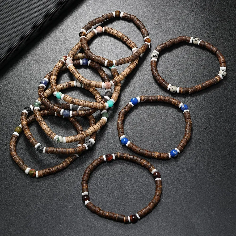 Handmade Coconut Shell Beads Bracelet for Stacking, Handmade Braided Woven Adjustable Bracelet for Women Men-E