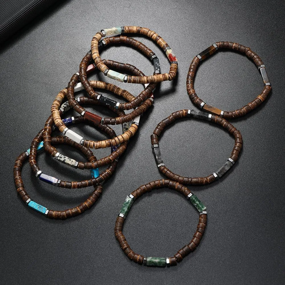 Handmade Coconut Shell Beads Bracelet for Stacking, Handmade Braided Woven Adjustable Bracelet for Women Men-R
