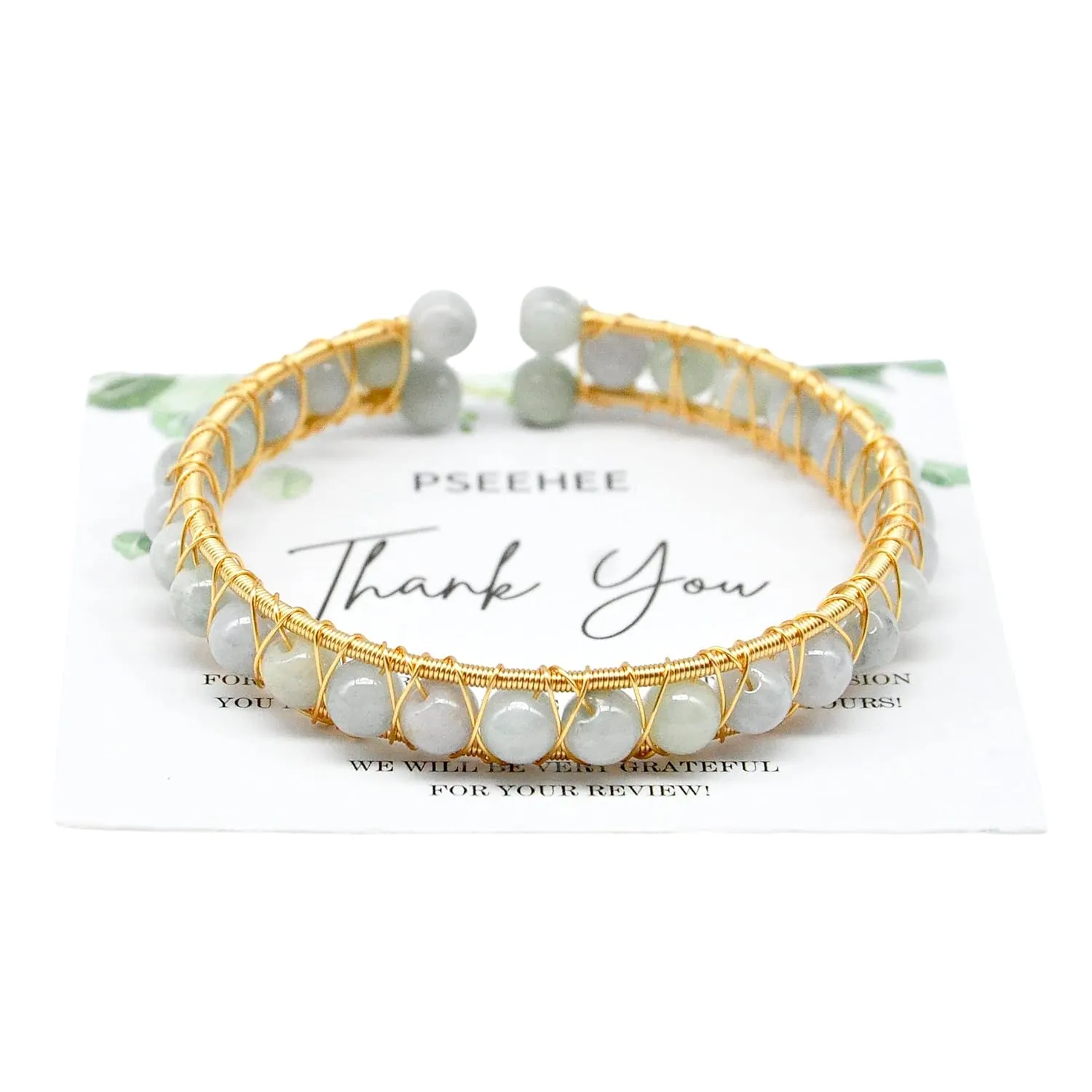 Handmade Genuine Jade Bracelet 14k Gold-Filled Wire Wrapped, Feng-shui Stone Chakra Healing Gemstone Crystal Beads Adjustable Bangle Cuff Jewelry Gift for Women Men