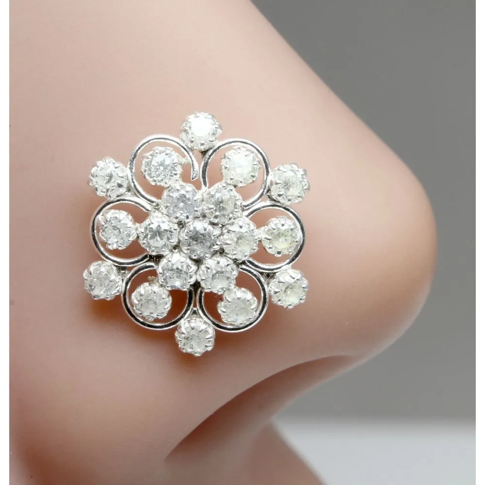 Handmade Sterling Silver Nose pin With White Stones for women in Twisted style
