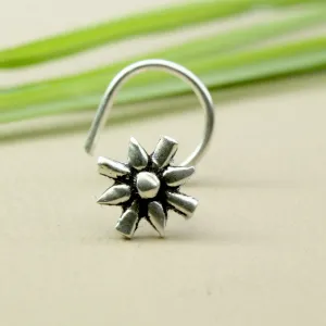 Handmade Sterling Silver Oxidized Nose Pin L Bend in Flower Design