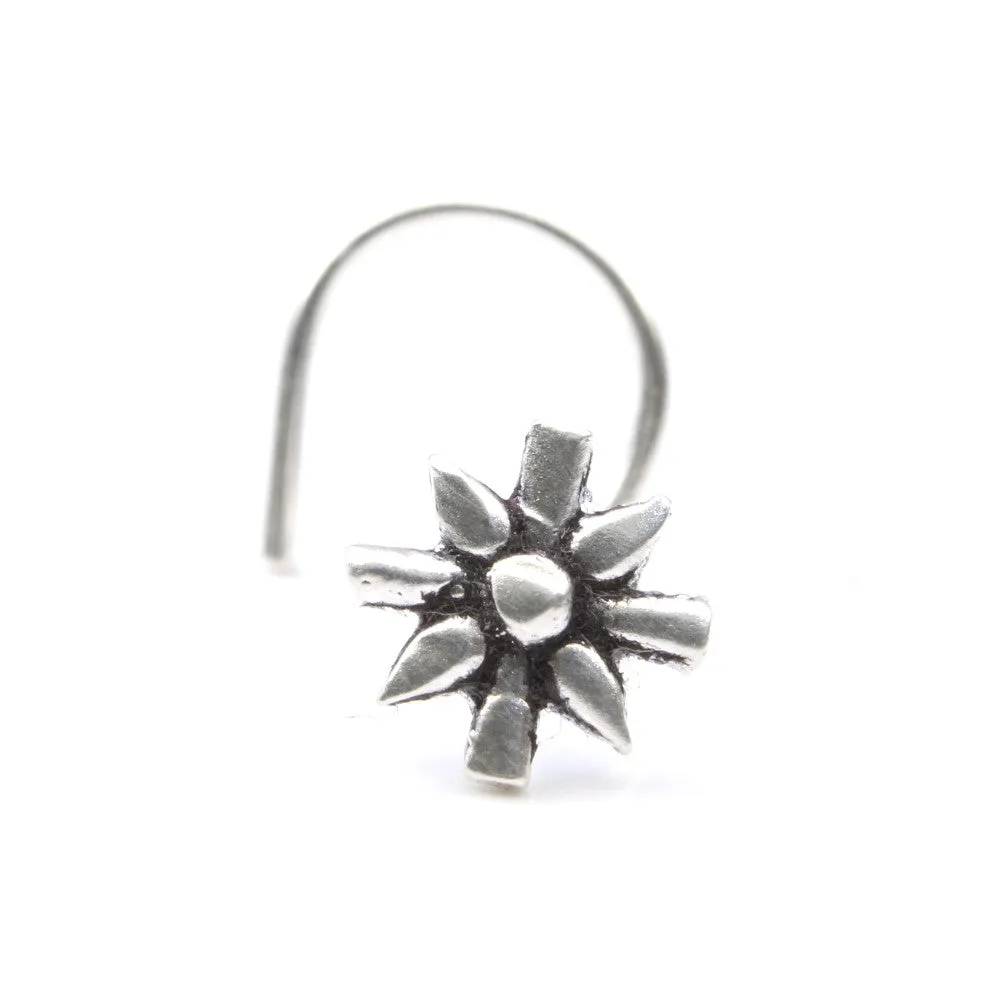 Handmade Sterling Silver Oxidized Nose Pin L Bend in Flower Design