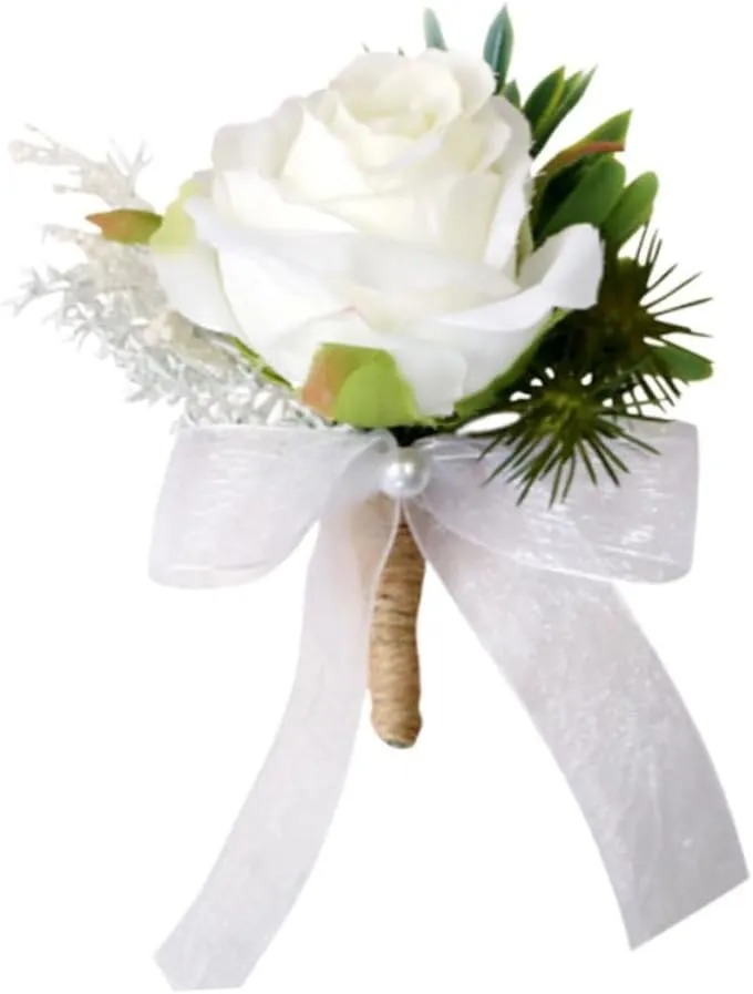 Happyyami Elegant White Green Flower Brooch for Weddings and Parties Artificial Floral Breastpin for Bride and Groom Attire Stylish Dress Pin for Banquet and Prom