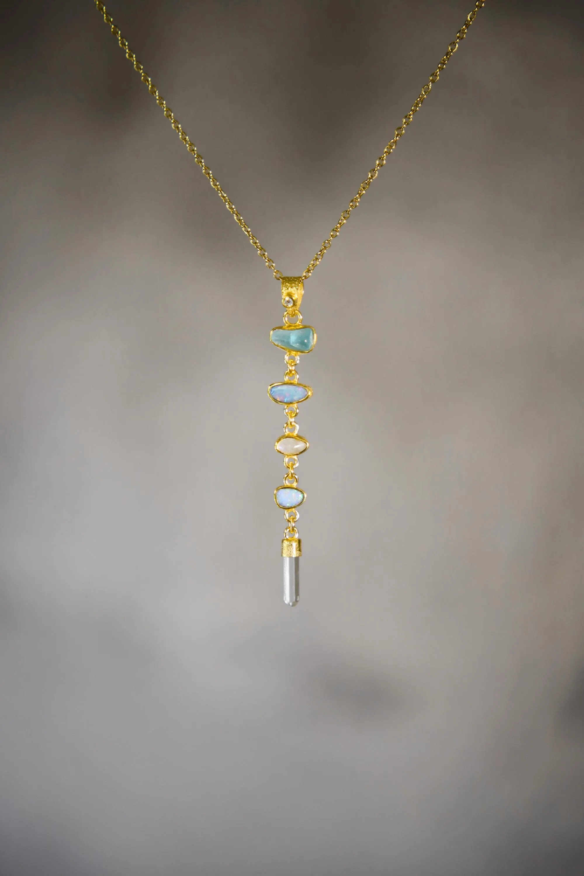 Harmonious Round Zircon, Aquamarine, Australian Opal Doublet & Blue Moonstone Pendant, Texture, 18k Gold-Plated Sterling Silver, Unique Gift