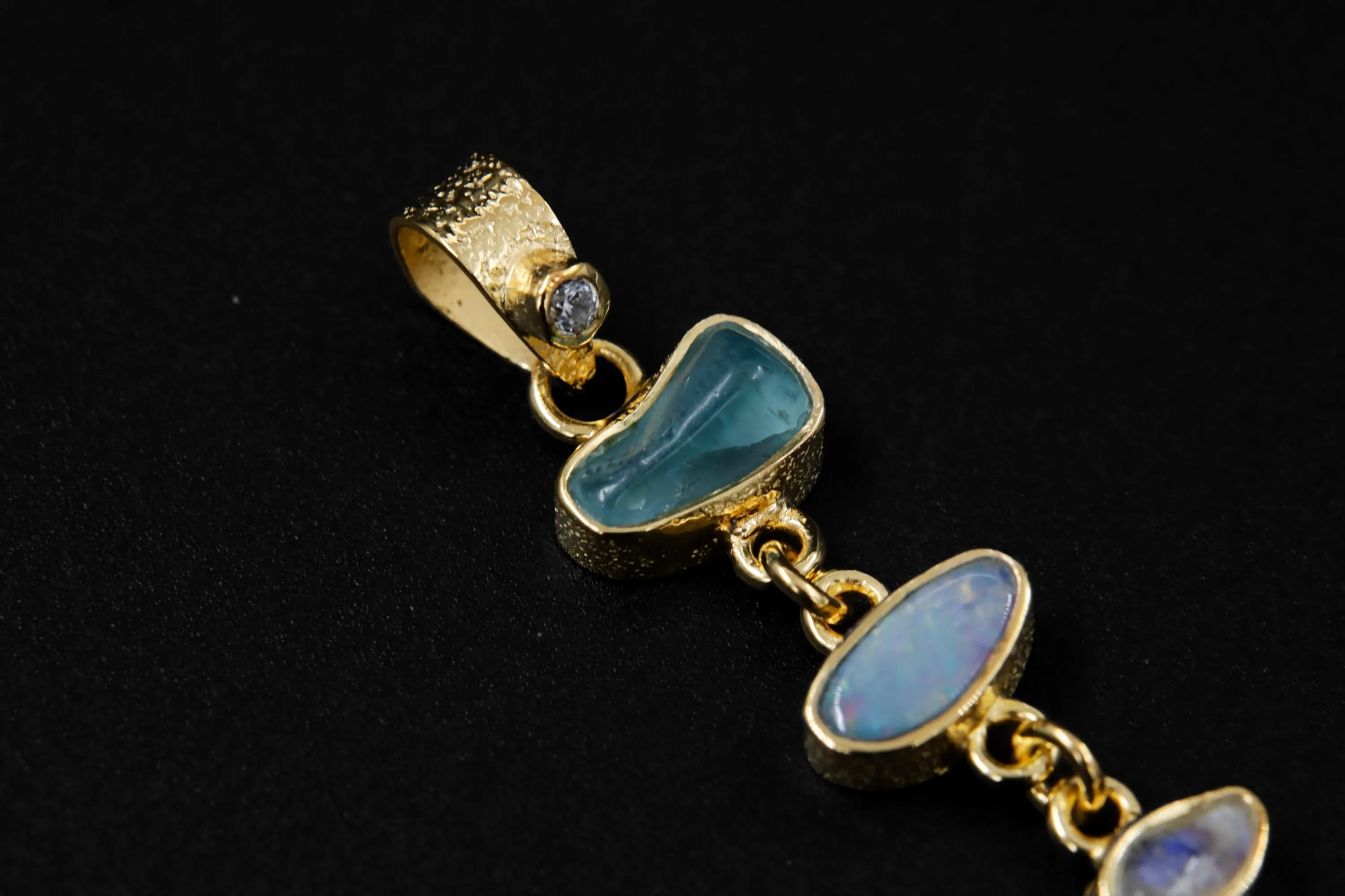 Harmonious Round Zircon, Aquamarine, Australian Opal Doublet & Blue Moonstone Pendant, Texture, 18k Gold-Plated Sterling Silver, Unique Gift