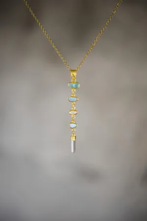 Harmonious Round Zircon, Aquamarine, Australian Opal Doublet & Blue Moonstone Pendant, Texture, 18k Gold-Plated Sterling Silver, Unique Gift