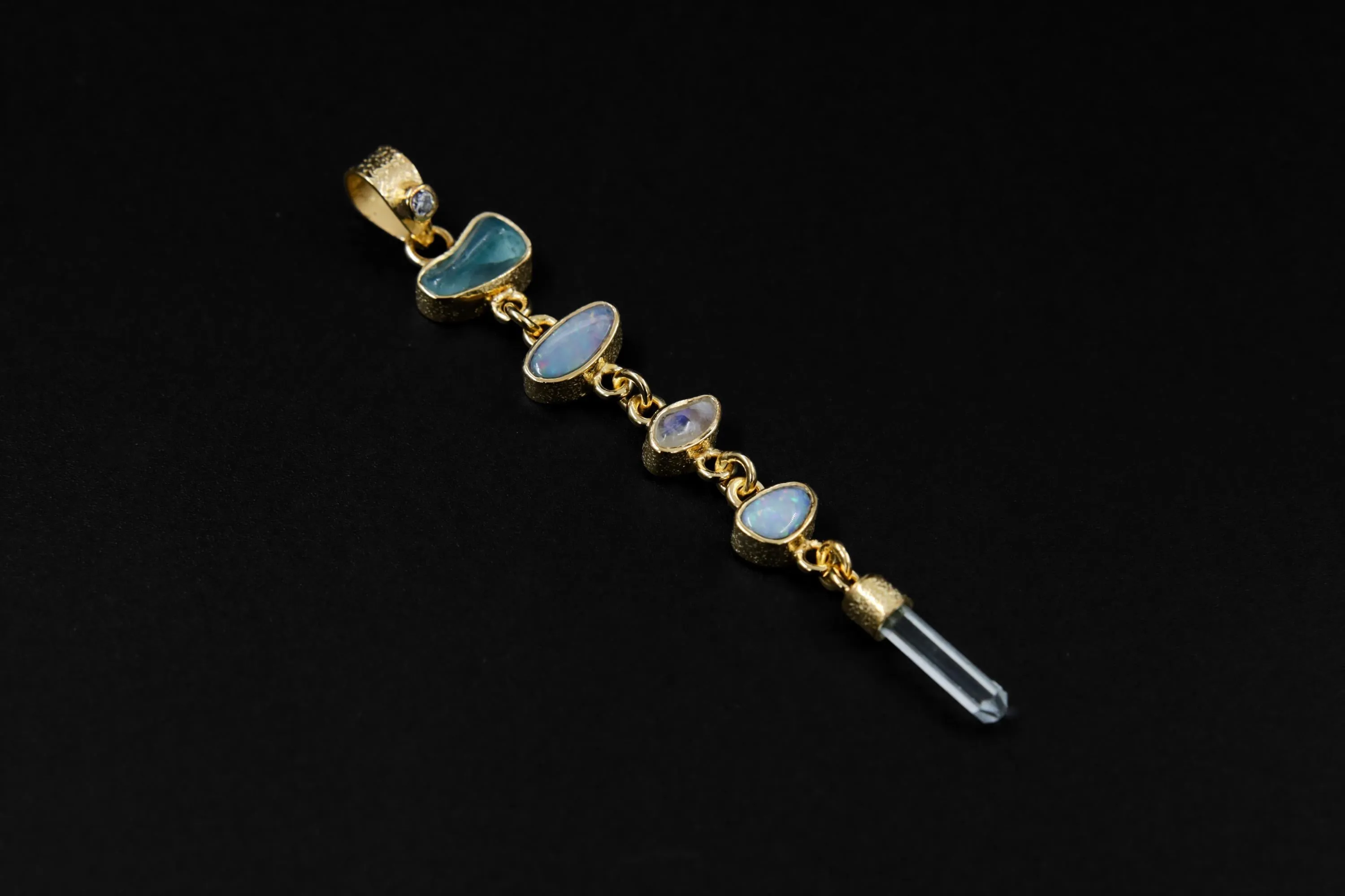 Harmonious Round Zircon, Aquamarine, Australian Opal Doublet & Blue Moonstone Pendant, Texture, 18k Gold-Plated Sterling Silver, Unique Gift