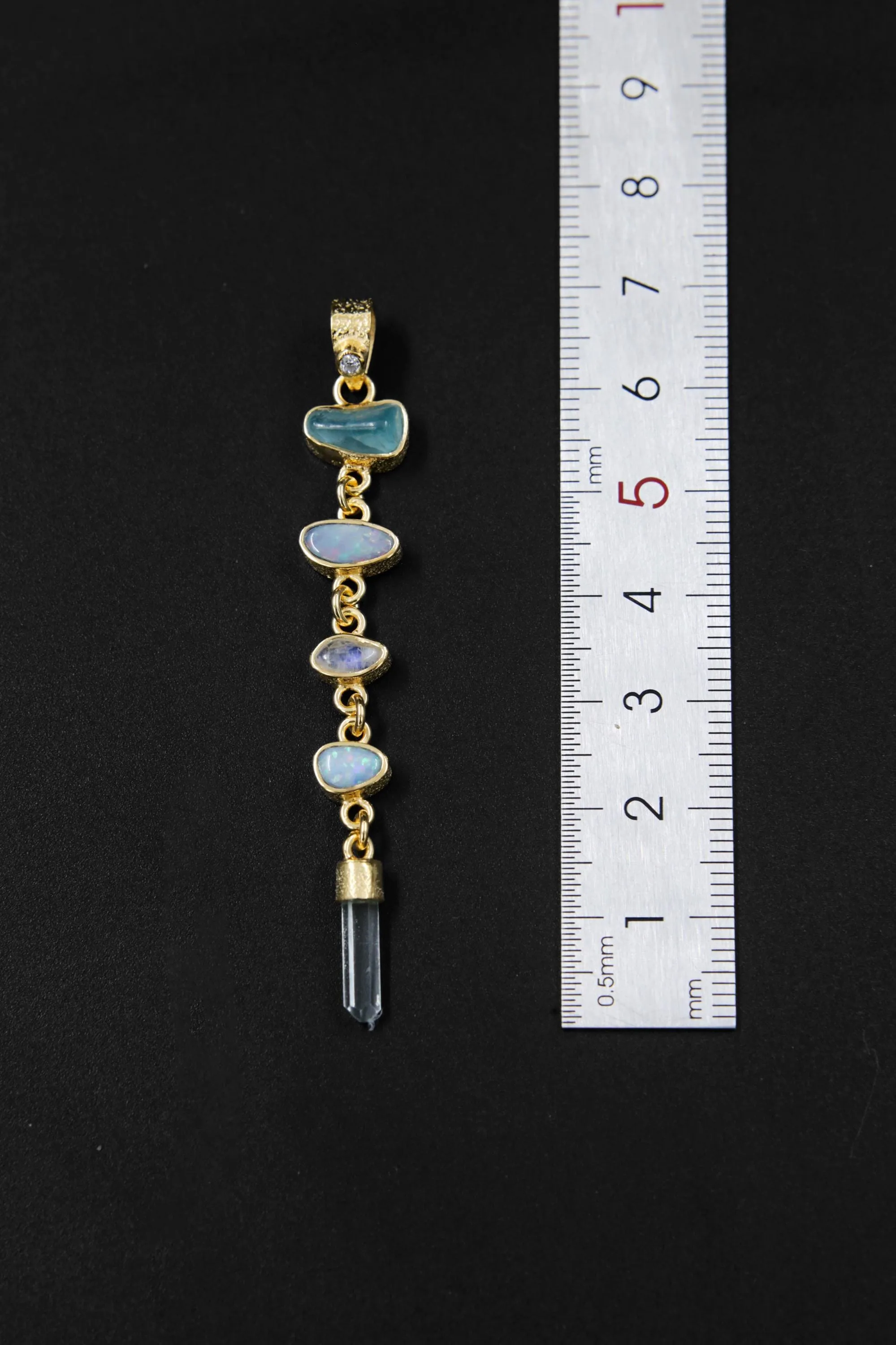 Harmonious Round Zircon, Aquamarine, Australian Opal Doublet & Blue Moonstone Pendant, Texture, 18k Gold-Plated Sterling Silver, Unique Gift