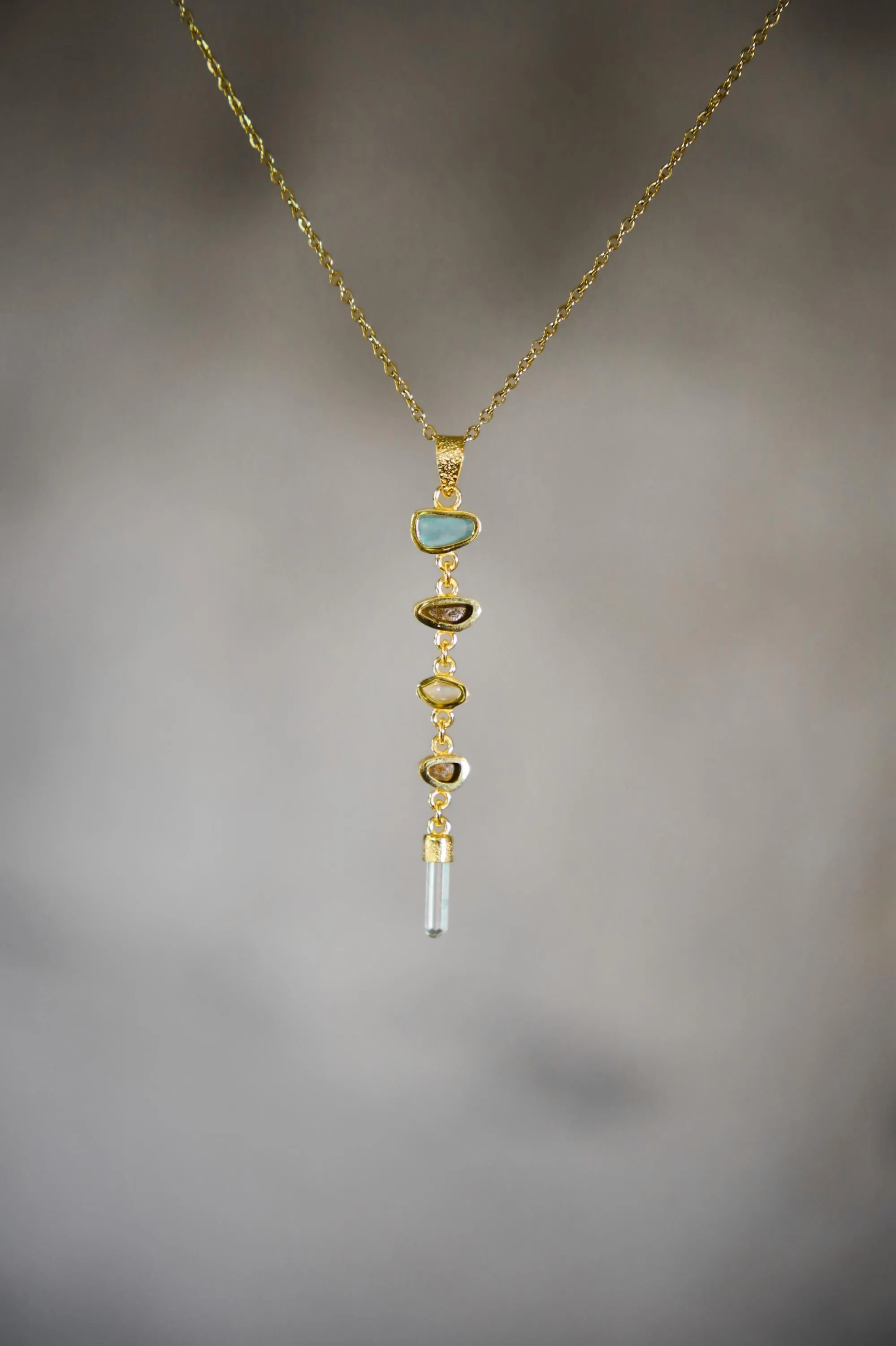 Harmonious Round Zircon, Aquamarine, Australian Opal Doublet & Blue Moonstone Pendant, Texture, 18k Gold-Plated Sterling Silver, Unique Gift