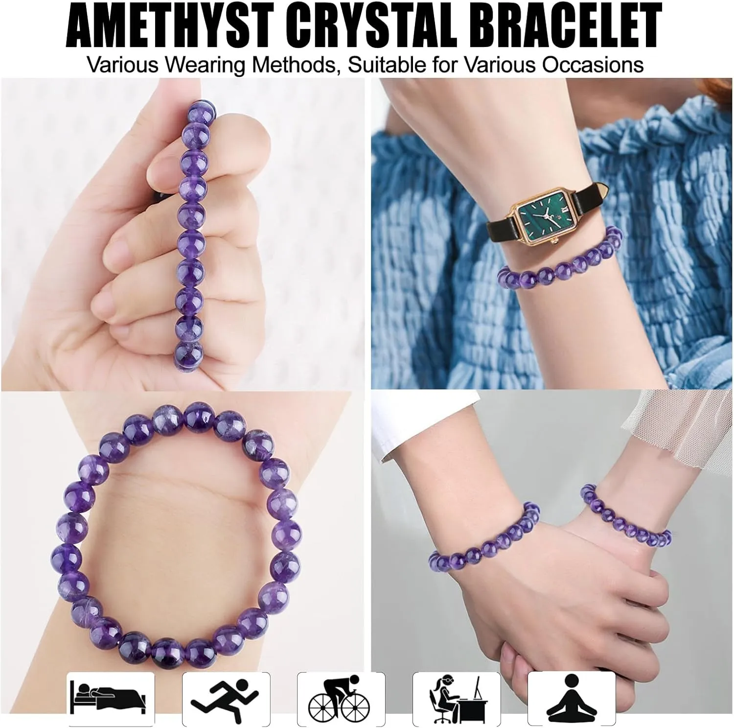 HOZEAL Handmade Amethyst Bracelet, Love Friendship Crystal Stone Protection Spiritual Amethyst Bracelet, Business Money Wealth Prosperity Good Luck Energy Beaded Bracelets for Men Women
