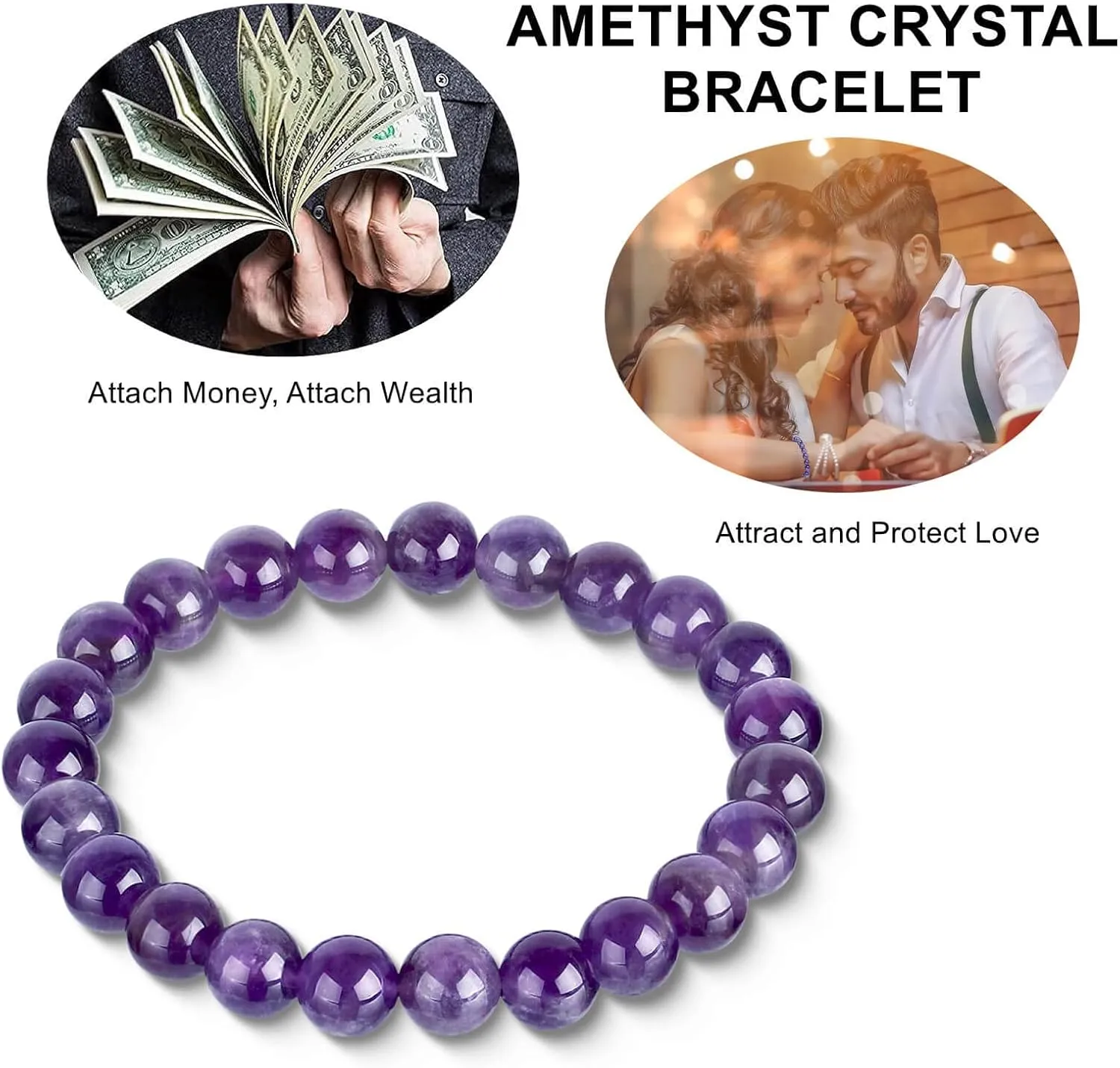 HOZEAL Handmade Amethyst Bracelet, Love Friendship Crystal Stone Protection Spiritual Amethyst Bracelet, Business Money Wealth Prosperity Good Luck Energy Beaded Bracelets for Men Women