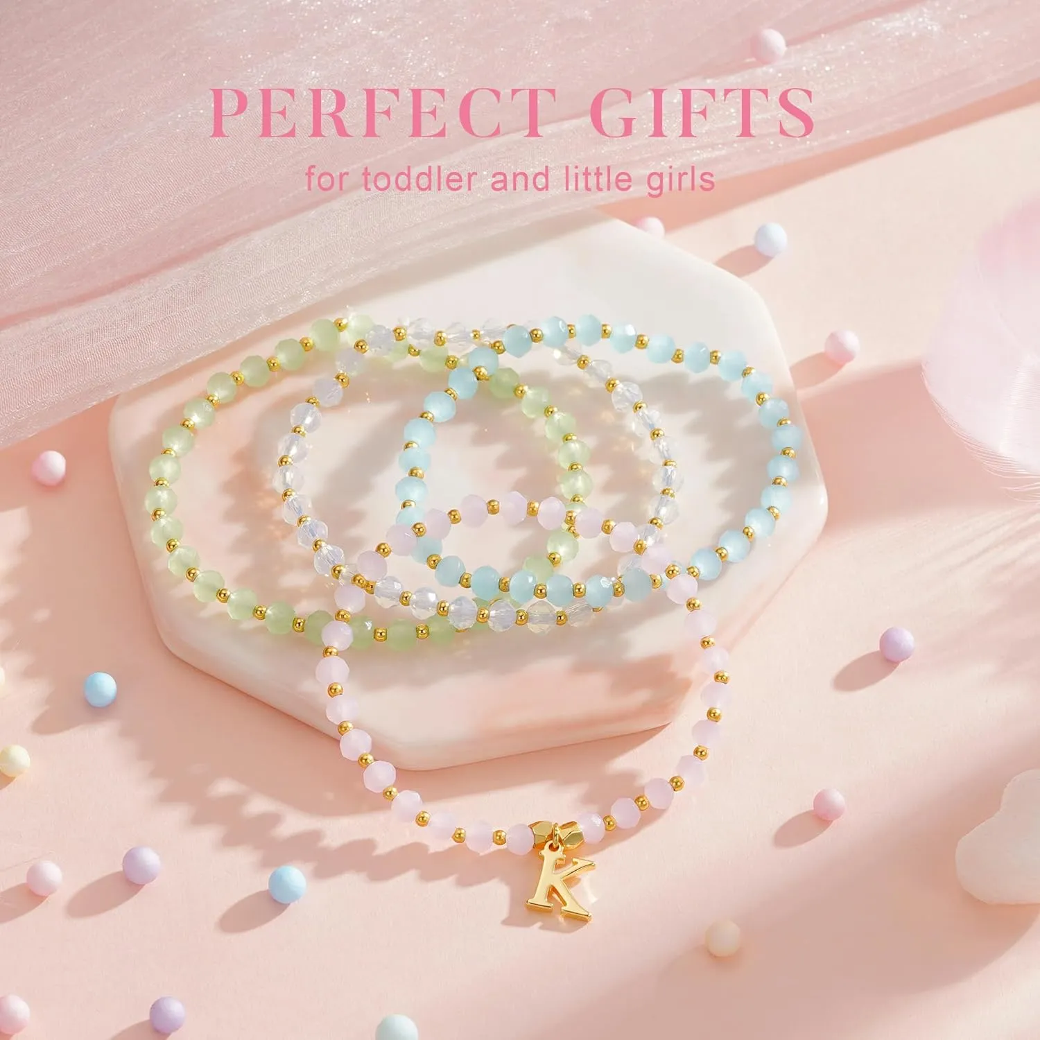 IEFWELL Initial Bracelets for Girls Kids - 4Pcs Crystal Bracelets Set Pink/Blue/White/Green Crystals Beaded Bracelet Stretch Bracelet Kid Jewelry Birthday Gifts for Teen Girls Kids Toddler