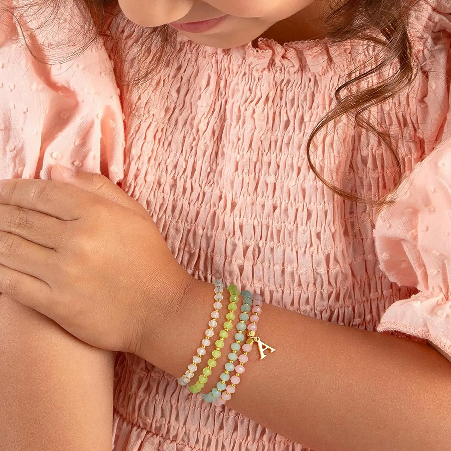 IEFWELL Initial Bracelets for Girls Kids - 4Pcs Crystal Bracelets Set Pink/Blue/White/Green Crystals Beaded Bracelet Stretch Bracelet Kid Jewelry Birthday Gifts for Teen Girls Kids Toddler