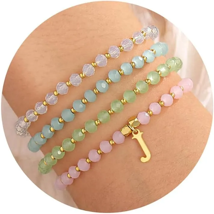 IEFWELL Initial Bracelets for Girls Kids - 4Pcs Crystal Bracelets Set Pink/Blue/White/Green Crystals Beaded Bracelet Stretch Bracelet Kid Jewelry Birthday Gifts for Teen Girls Kids Toddler