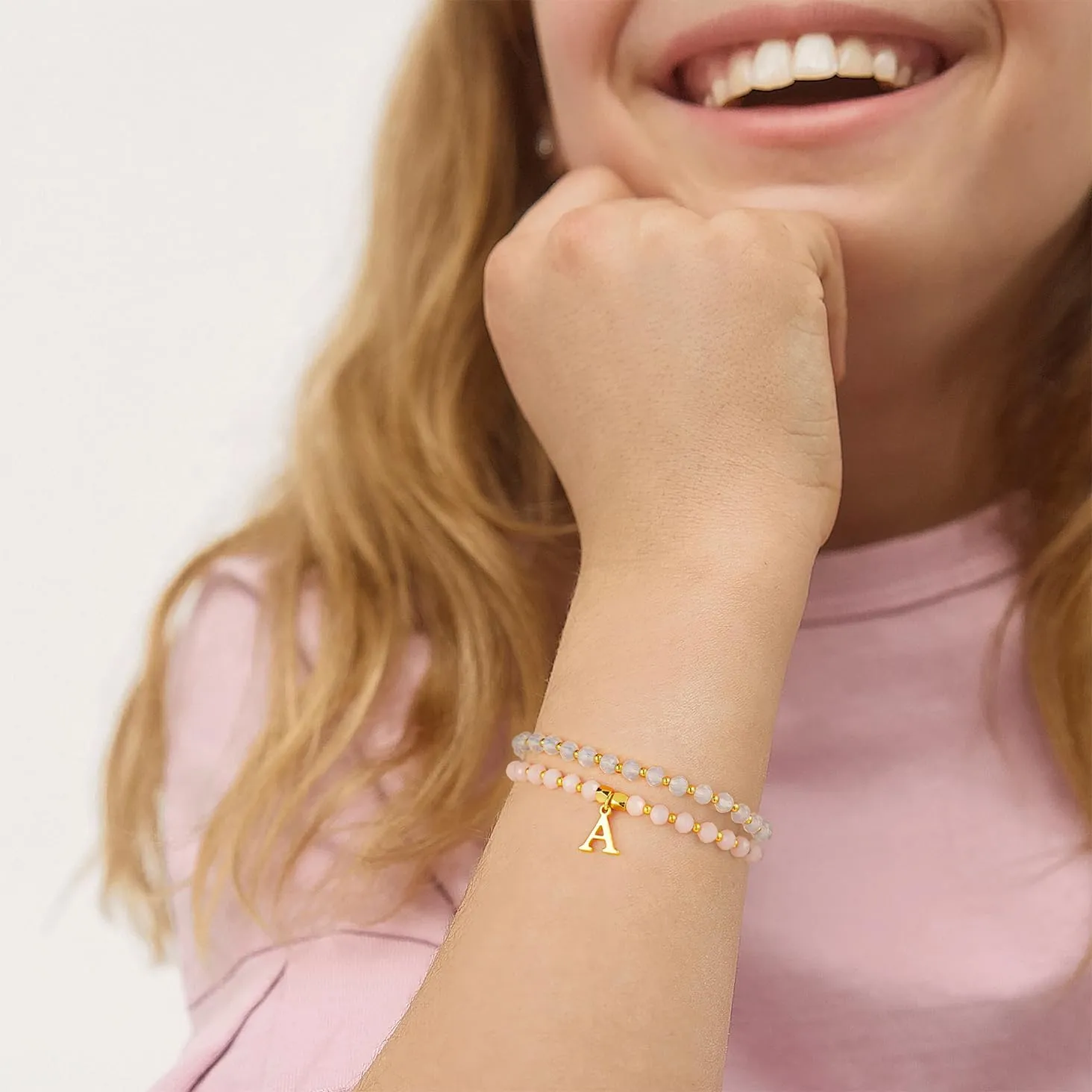 IEFWELL Initial Bracelets for Girls Kids - 4Pcs Crystal Bracelets Set Pink/Blue/White/Green Crystals Beaded Bracelet Stretch Bracelet Kid Jewelry Birthday Gifts for Teen Girls Kids Toddler