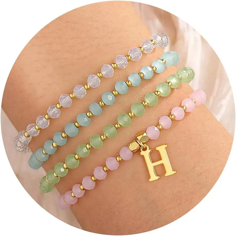 IEFWELL Initial Bracelets for Girls Kids - 4Pcs Crystal Bracelets Set Pink/Blue/White/Green Crystals Beaded Bracelet Stretch Bracelet Kid Jewelry Birthday Gifts for Teen Girls Kids Toddler