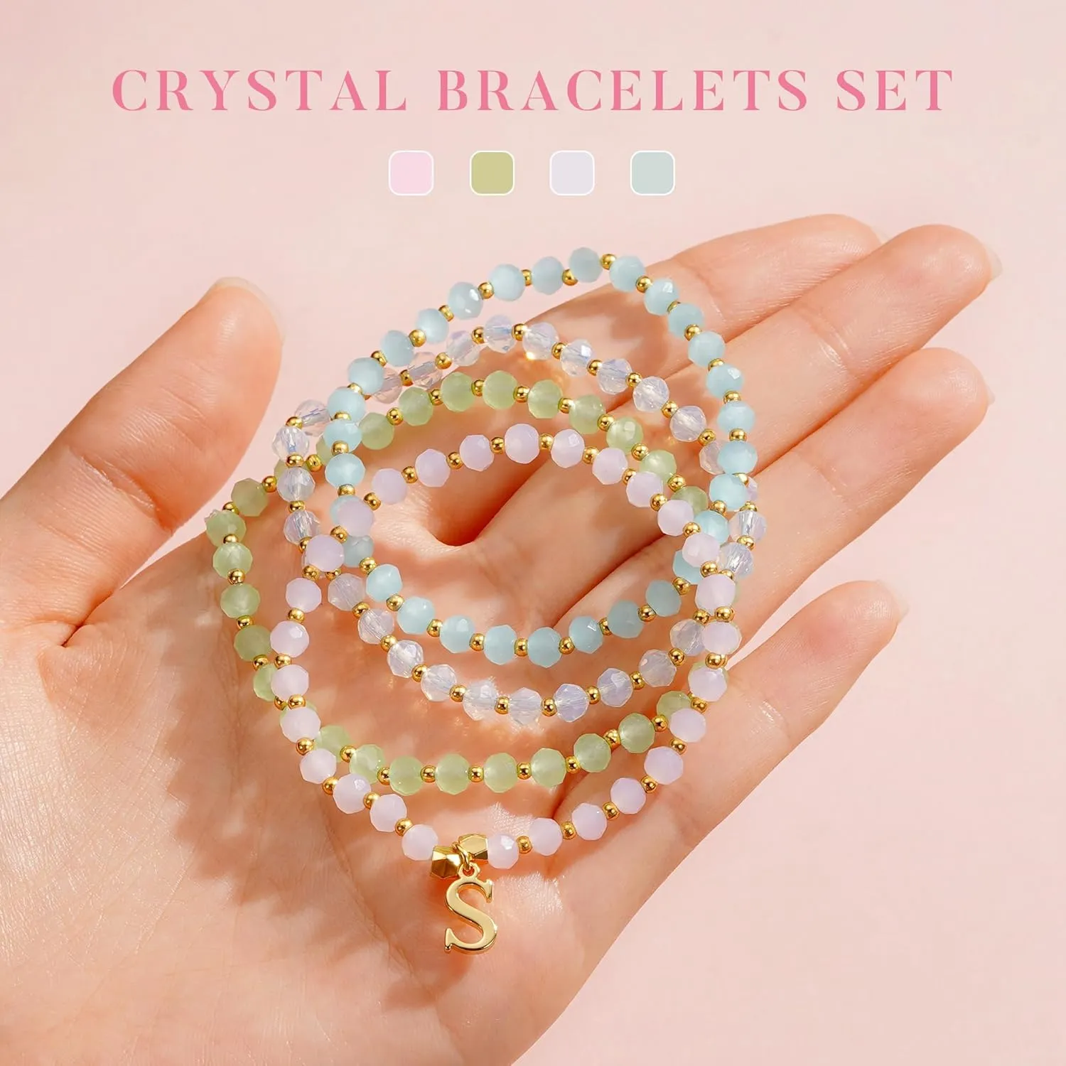 IEFWELL Initial Bracelets for Girls Kids - 4Pcs Crystal Bracelets Set Pink/Blue/White/Green Crystals Beaded Bracelet Stretch Bracelet Kid Jewelry Birthday Gifts for Teen Girls Kids Toddler