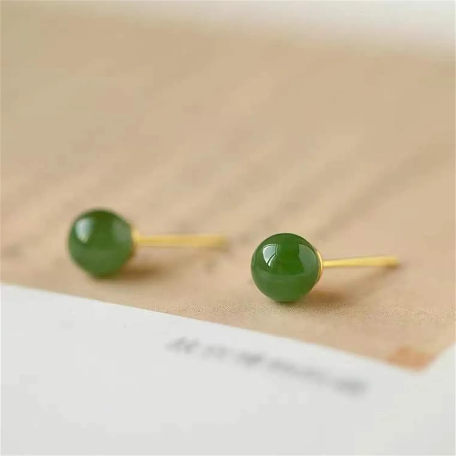 Jade Stud Earrings for Women Girls Handmade 18k Gold Post Earrings for Sensitive Ears Crystal Stud Earrings, 8mm Green Jade Earrings, Handmade Good Luck Stud Earrings Jewelry Gifts (6mm, Green)