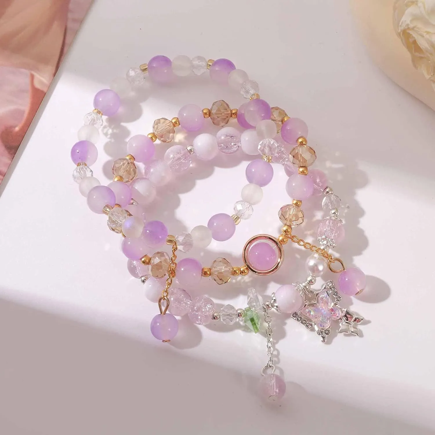 Jardme Butterfly Crystal Bracelets, Beaded Stretch Boho Bracelets, Birthday Christmas Jewelry Gifts for Women Teen