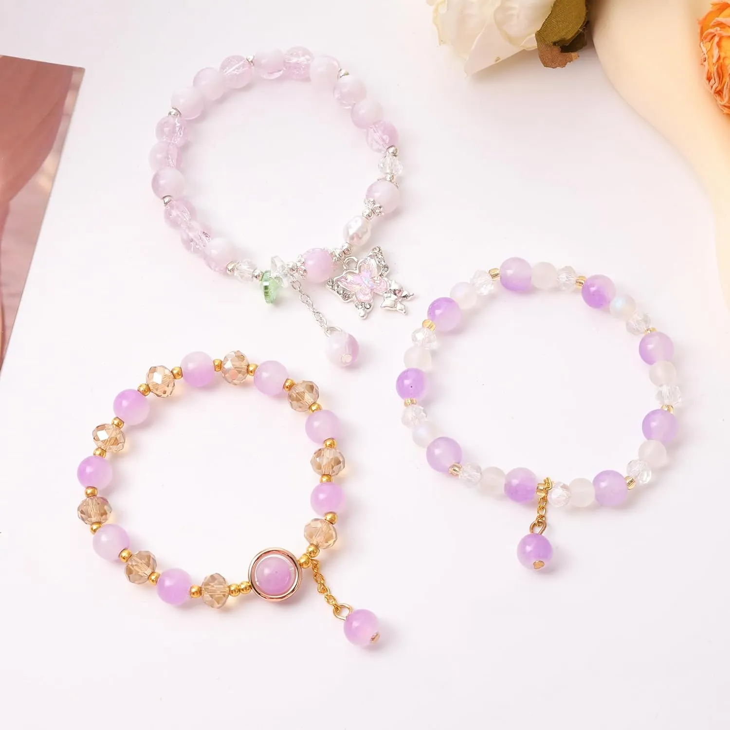 Jardme Butterfly Crystal Bracelets, Beaded Stretch Boho Bracelets, Birthday Christmas Jewelry Gifts for Women Teen