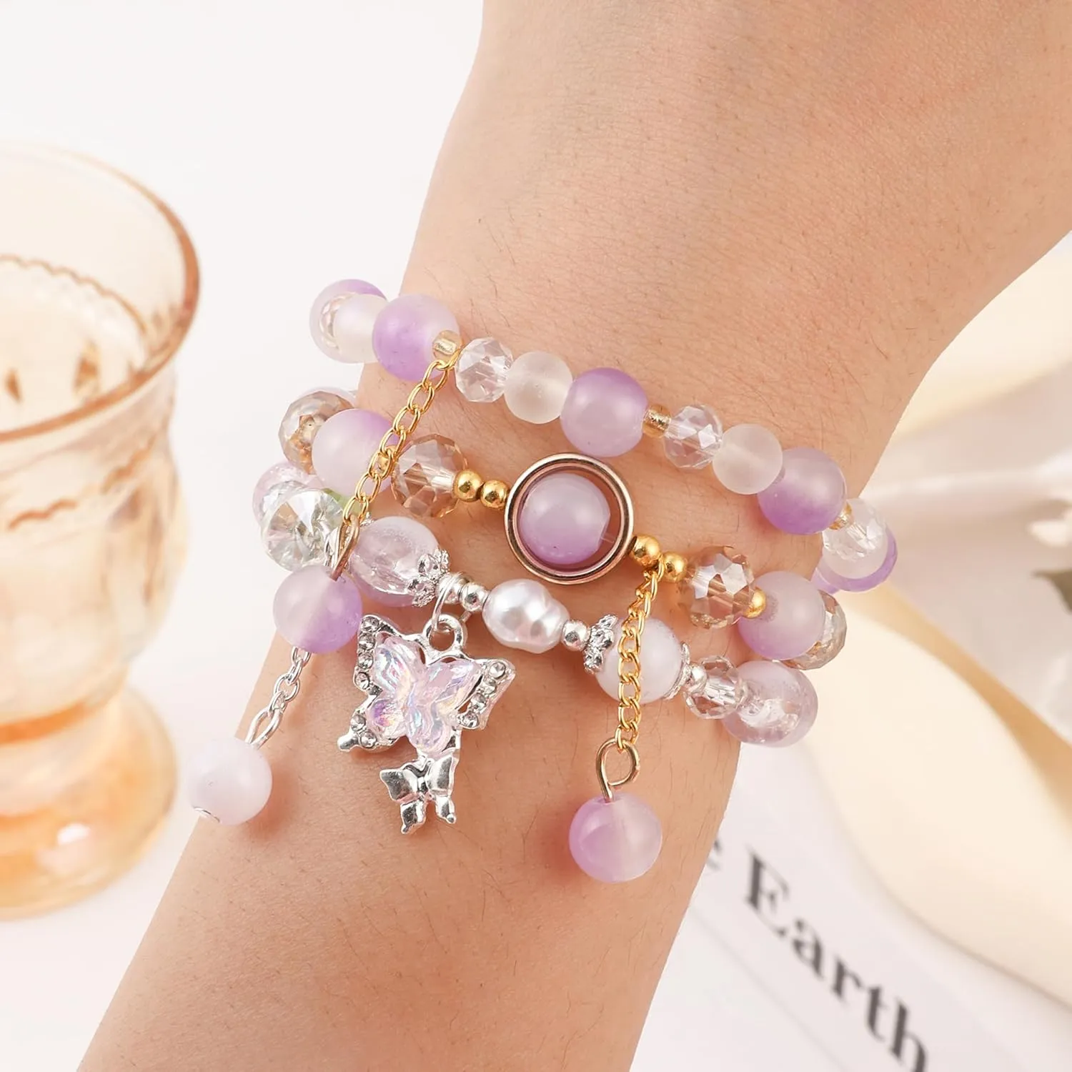 Jardme Butterfly Crystal Bracelets, Beaded Stretch Boho Bracelets, Birthday Christmas Jewelry Gifts for Women Teen