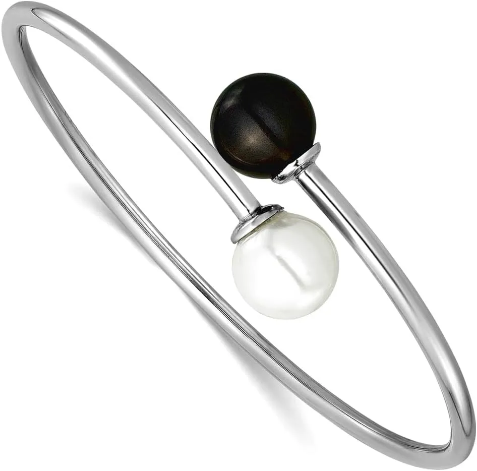 JewelryWeb 925 Sterling Silver Rhodium Plat 10 11mm White Black Imitat Shell Pearl Bangle Bracelet Cuff-Bracelet for Women