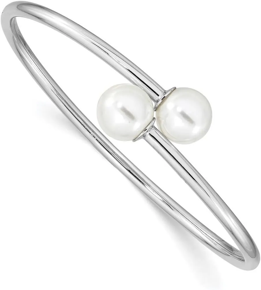 JewelryWeb 925 Sterling Silver Rhodium Plat 10 11mm White Imitat Shell Pearl Bangle Bracelet Cuff-Bracelet for Women