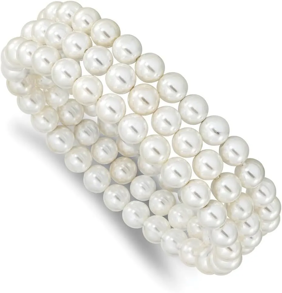 JewelryWeb Majestik 7 8mm White Simulated Shell Pearl Set Of 3 Stretch Bracelets-Stretch Bracelet for Women