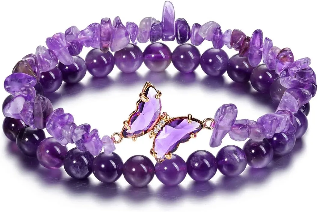 Jovivi 2Pcs Butterfly Bracelets for Women Natural Purple Amethyst Beaded Bracelets Butterfly Charms 8mm Healing Crystal Stone Bracelet Gifts for Women