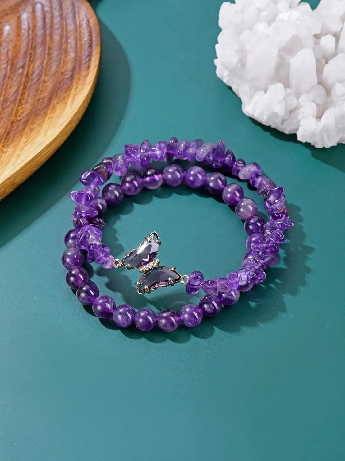 Jovivi 2Pcs Butterfly Bracelets for Women Natural Purple Amethyst Beaded Bracelets Butterfly Charms 8mm Healing Crystal Stone Bracelet Gifts for Women